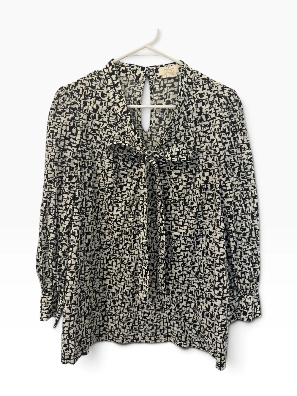 Kate Spade New York Black & White Tie-Neck Printed Blouse Size 10/Med